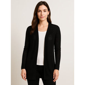 AB Studio Black Open Knit Cardigan Women’s Small – Longline Lightweight Sweater